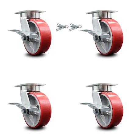 Service Caster 6 Inch Kingpinless Red Poly on Steel Wheel Caster Brakes 2 Swivel Locks, 4PK SCC-KP30S620-PUR-RS-SLB-BSL-2-SLB-2